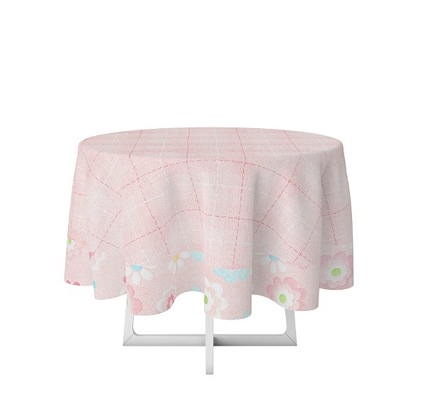 Toalha de Mesa de Festa Redonda em Tecido Sublimado Floral Delicado Rosa 2,20m x 2,20m