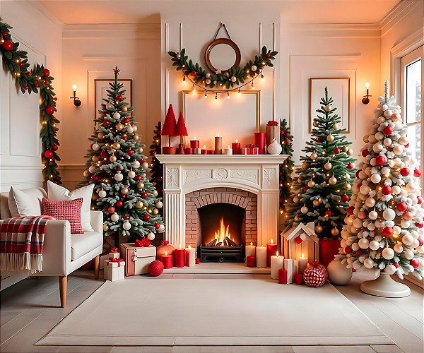 Painel de Festa em Tecido Sublimado Sala de Estar de Natal