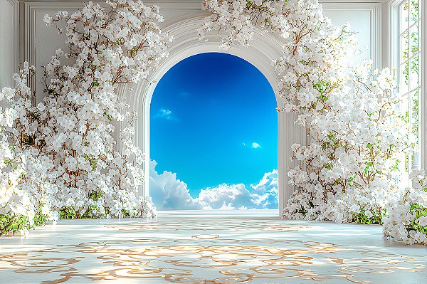 Painel de Festa em Tecido Sublimado Arco de Flores e Céu