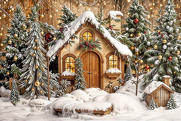 Painel de Festa em Tecido Sublimado Casinha no Bosque de Natal