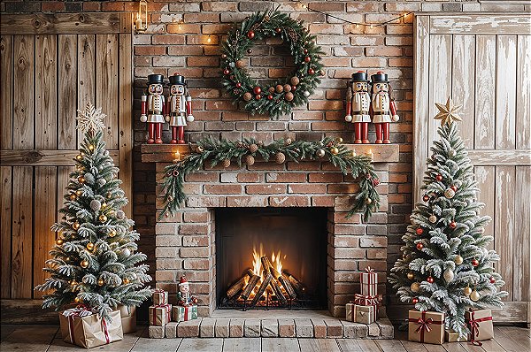 Painel de Festa em Tecido Sublimado Sala com Lareira Natal