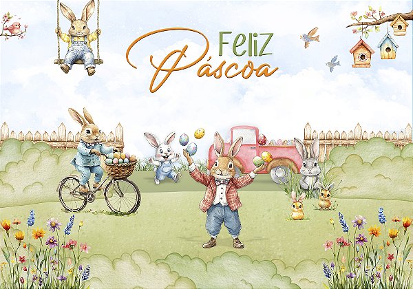 Painel de Festa em Tecido Sublimado Jardim Feliz Páscoa