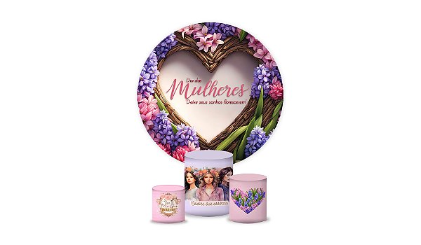 Kit Painel De Festa e Capas de Cilindro Tecido sublimado Dia Das Mulheres Floral