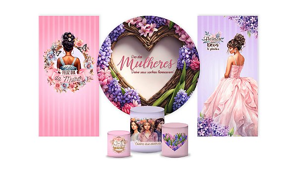Super Kit Painel De Festa e Capas de Cilindro Tecido sublimado Dia Das Mulheres Floral