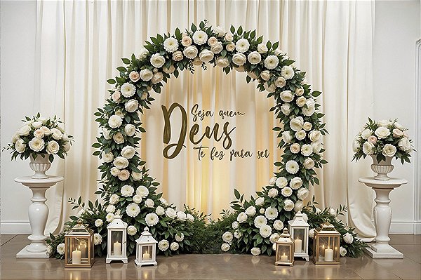 Painel de Festa em Tecido Sublimado Arco Floral Seja Quem Deus Te Fez Para Ser.