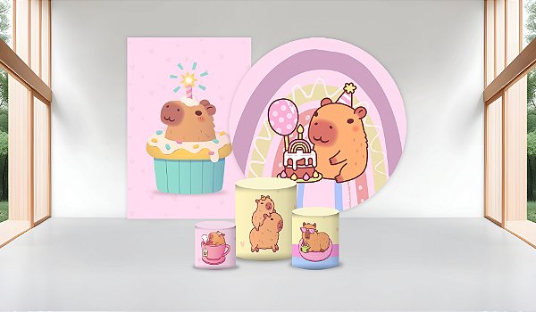 Super Kit Painel De Festa Casado e Capas de Cilindro em tecido Capivaras Birthday
