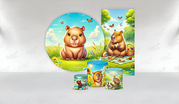 Super Kit Painel De Festa Casado e Capas de Cilindro em tecido Capivaras Cute