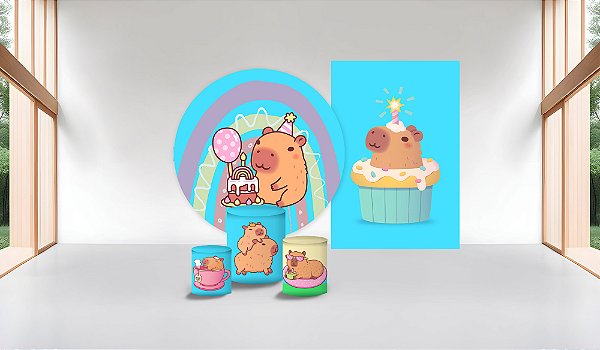Super Kit Painel De Festa Casado e Capas de Cilindro em tecido Capivaras Birthday Azul