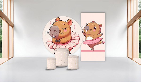 Super Kit Painel De Festa Casado e Capas de Cilindro em tecido Capivara Bailarina