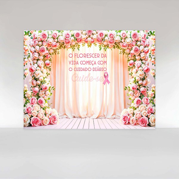 Painel de Festa em Tecido Sublimado Outubro Rosa Cude-se