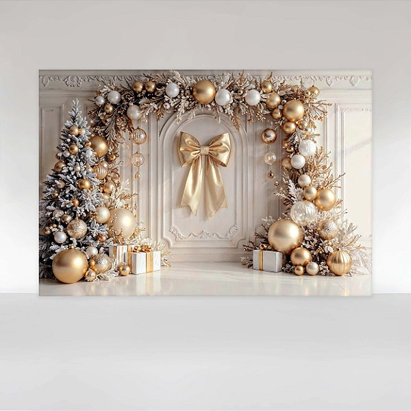 Painel de Festa em Tecido Sublimado Natal Laço Dourado