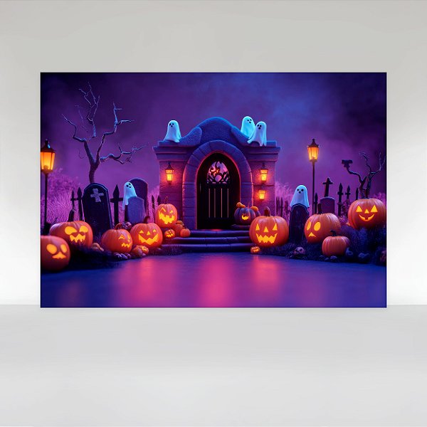 Painel de Festa em Tecido Sublimado Halloween Cemitério Fofo
