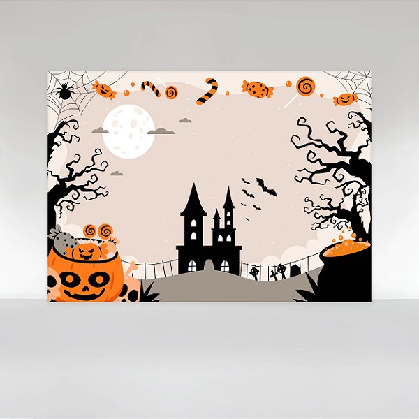 Painel de Festa em Tecido Sublimado Halloween Infantil Castelo Mal Assombrado