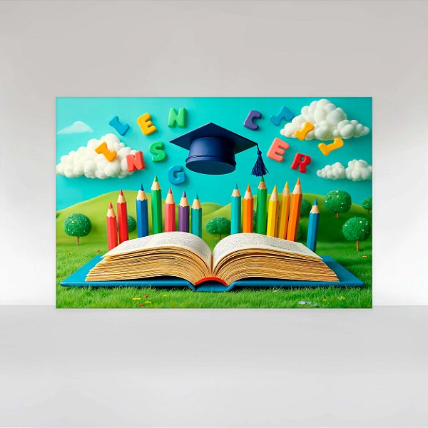 Painel de Festa em Tecido Sublimado Formatura ABC com Livro e Lápis Colorido