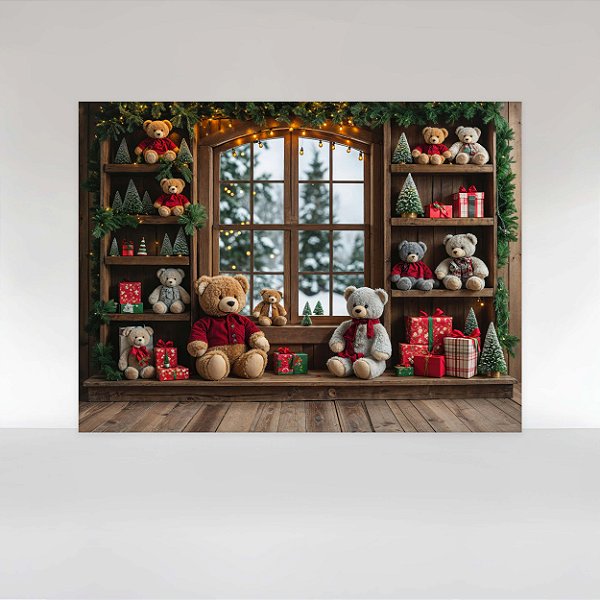 Painel de Festa em Tecido Sublimado Janela com Presentes de Natal
