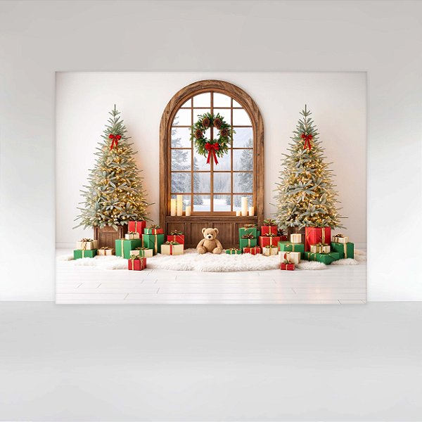 Painel de Festa em Tecido Sublimado Janela Romana com Arvores e Presentes de Natal
