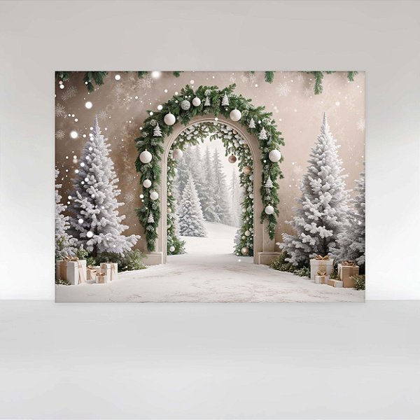 Painel de Festa em Tecido Sublimado Arco com Arvores de Natal