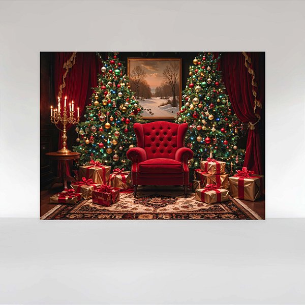 Painel de Festa em Tecido Sublimado Poltrona do Papai Noel Vermelha com Arvores e Presentes de Natal