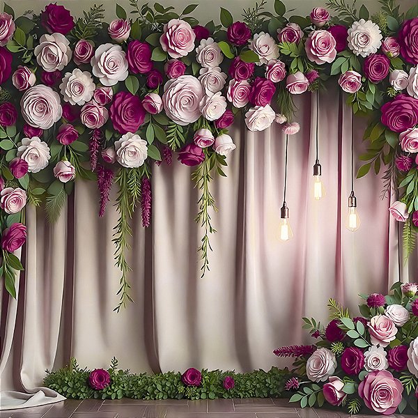 Painel de Festa em Tecido Sublimado Floral com Luzes