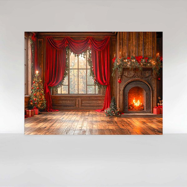 Painel de Festa em Tecido Sublimado Sala de Natal com Lareira