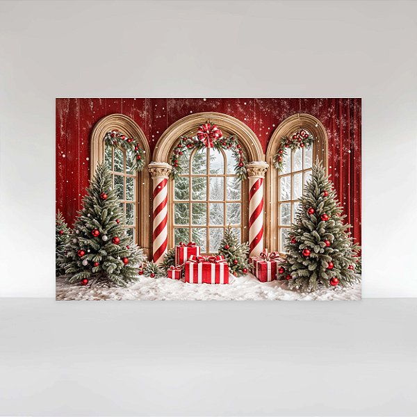 Painel de Festa em Tecido Sublimado Sala com Presentes e Árvore de Natal