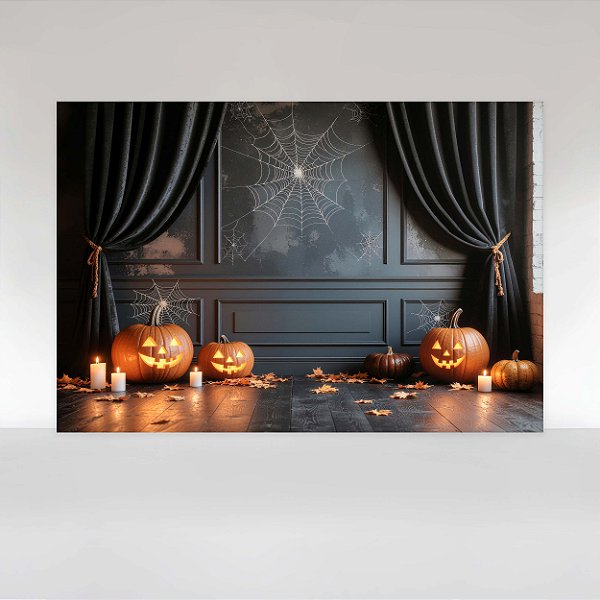 Painel de Festa em Tecido Sublimado Parede de Boiserie e Aboboras de Halloween