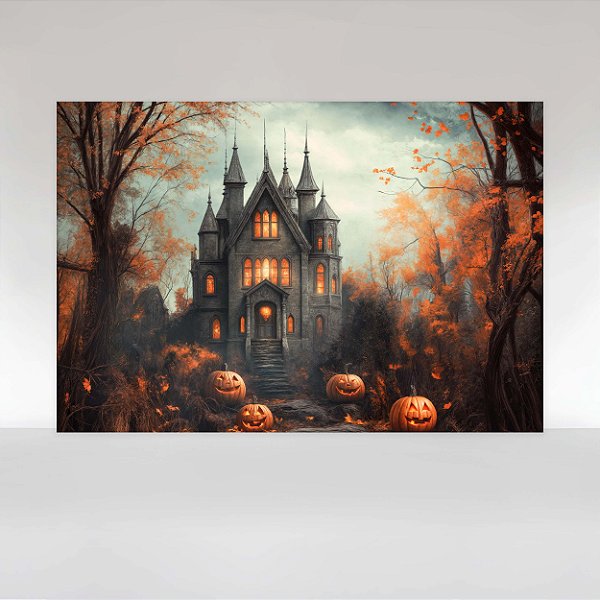 Painel de Festa em Tecido Sublimado Castelo Mal Assombrado de Halloween