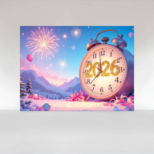 Painel de Festa em Tecido Sublimado Relógio de Ano novo 2026
