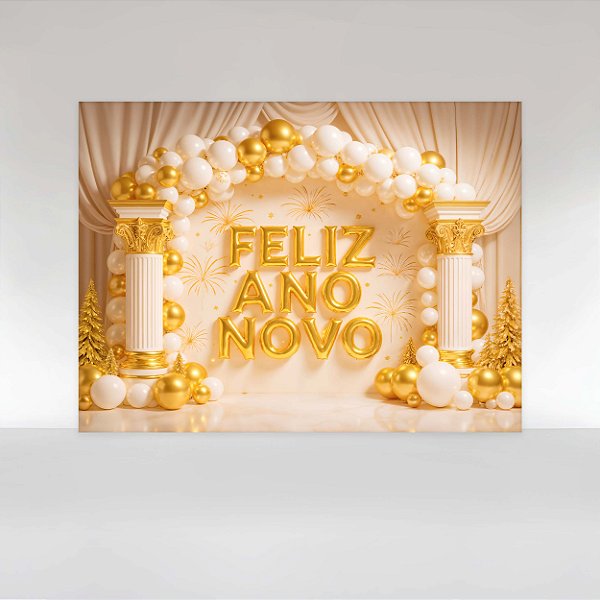 Painel de Festa em Tecido Sublimado Dourado Feliz Ano Novo