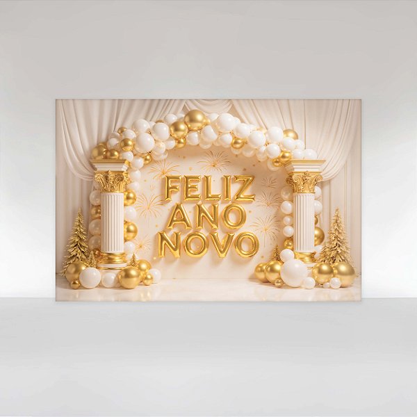 Painel de Festa em Tecido Sublimado Dourado Feliz Ano Novo