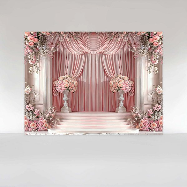 Painel de Festa em Tecido Sublimado Cortina Floral Rosa com Escadas