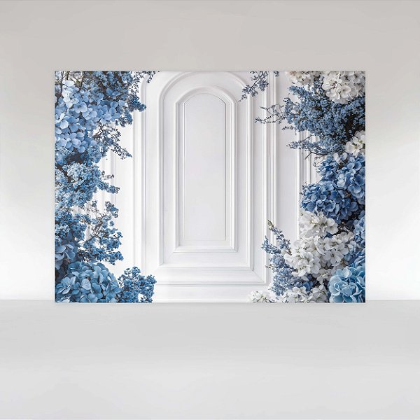 Painel de Festa em Tecido Sublimado Floral Azul com Boiserie