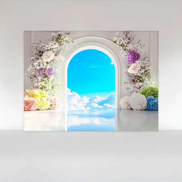 Painel de Festa em Tecido Sublimado Janela Arco Floral com Céu Azul e Nuvens