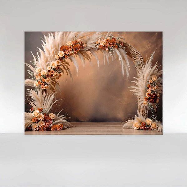 Painel de Festa em Tecido Sublimado Arco floral Laranja com Pampa Grass