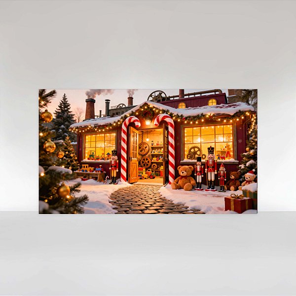 Painel de Festa em Tecido Sublimado Fábrica de Brinquedos de Natal