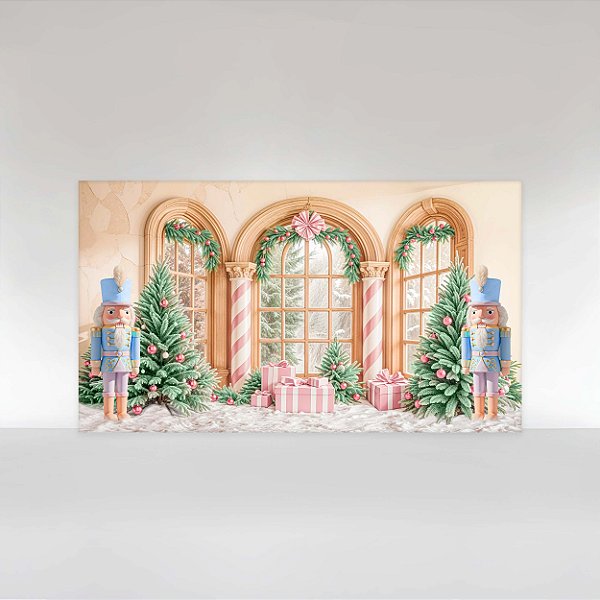 Painel de Festa em Tecido Sublimado Janela com Soldadinhos Quebra-Nozes e Presentes de Natal