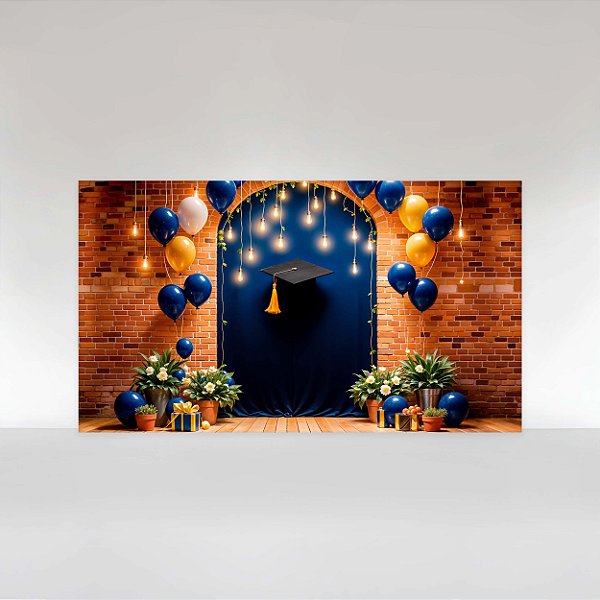 Painel de Festa em Tecido Sublimado Formatura Azul com Parede de Tijolos