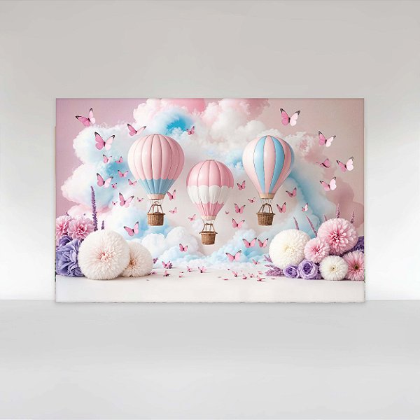 Painel de Festa em Tecido Sublimado Balão Floral com Borboletas Rosa e Lilás
