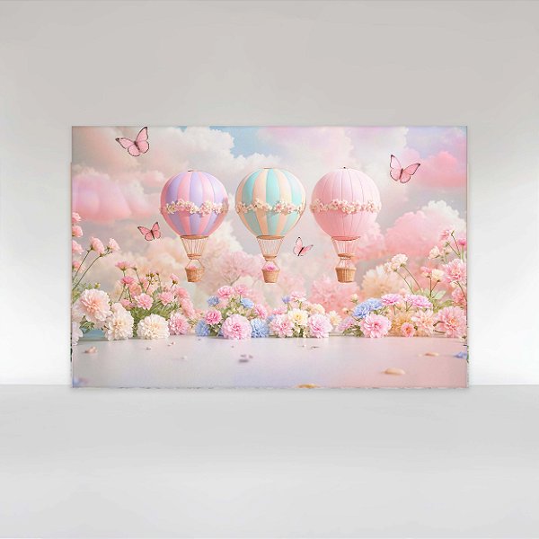 Painel de Festa em Tecido Sublimado Balão Floral com Borboletas Rosa, Lilás e Azul