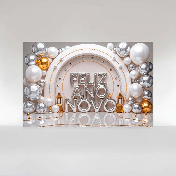Painel de Festa em Tecido Sublimado Feliz Ano Novo Prata e Dourado