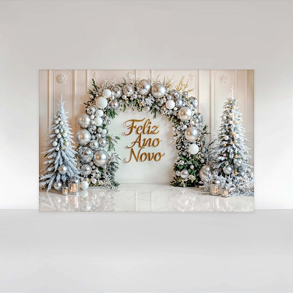 Painel de Festa em Tecido Sublimado Feliz Ano Novo Prata com Ramos e Pinheiros