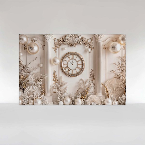 Painel de Festa em Tecido Sublimado Feliz Ano Novo Relogio Perolado