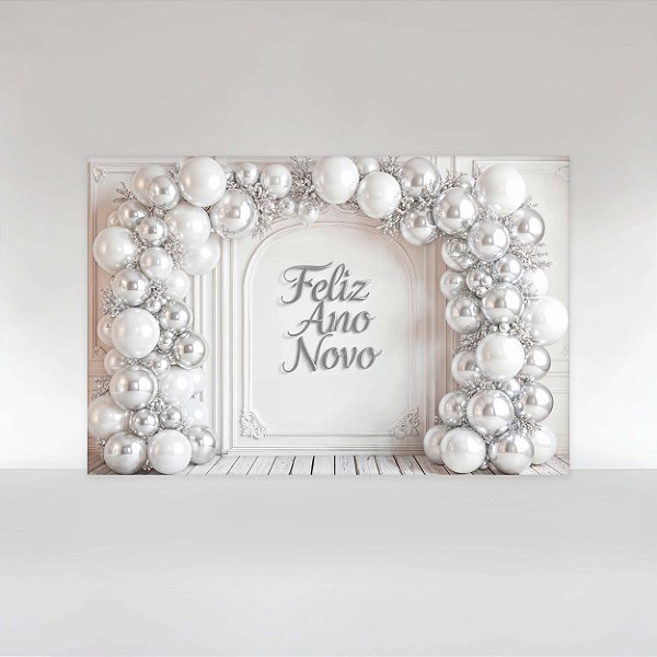 Painel de Festa em Tecido Sublimado Ano Novo Prata com Balões