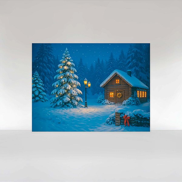 Painel de Festa em Tecido Sublimado Cabana de Natal na Neve