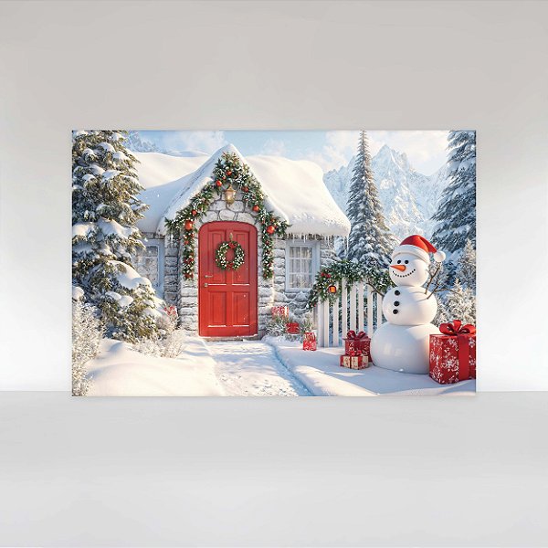 Painel de Festa em Tecido Sublimado Casinha de Natal com Boneco de Neve