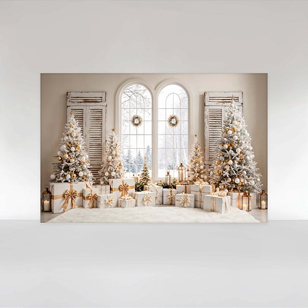 Painel de Festa em Tecido Sublimado Janelas Romanas com Presentes Dourados de Natal