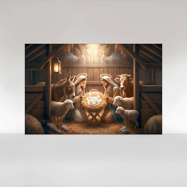 Painel de Festa em Tecido Sublimado Presépio com Anjos de Natal