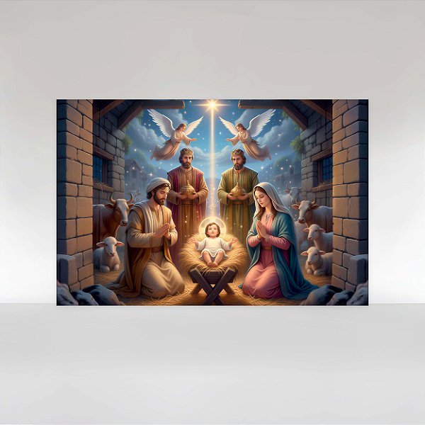 Painel de Festa em Tecido Sublimado Presépio com Anjos e  Reis Magos de Natal