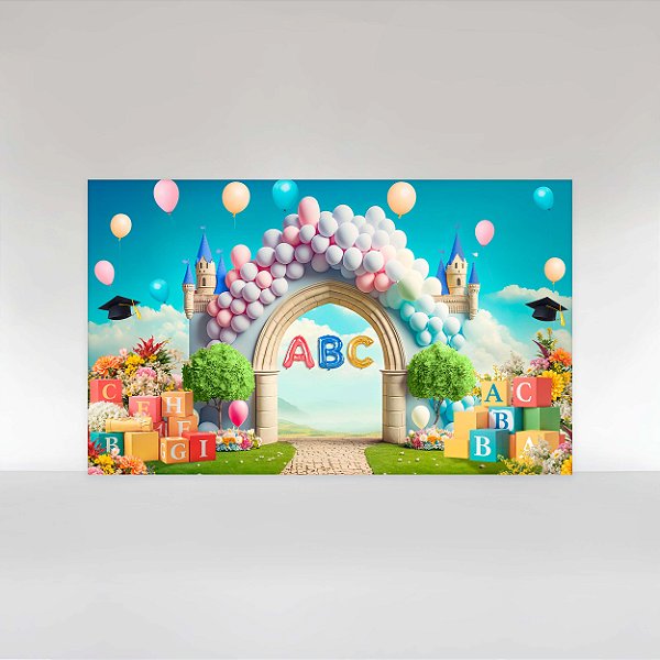 Painel de Festa em Tecido Sublimado Formatura ABC Arco de Balões