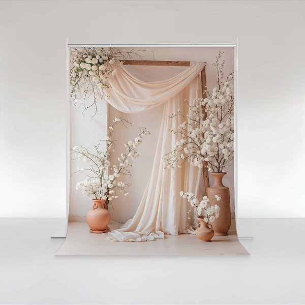 Fundo Fotográfico em Tecido Sublimado Floral Boho com Cortina
